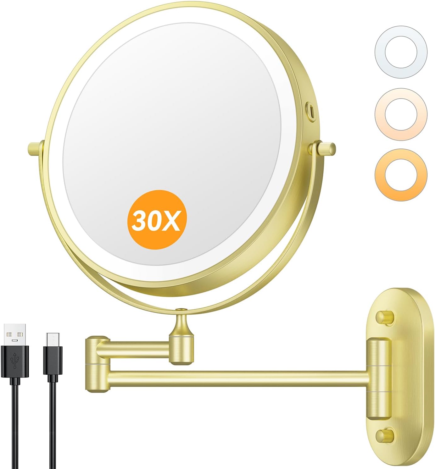 Auxmir Wall Mounted Makeup Mirror - 1X/30X Double-Sided Magnifying, Dimmable 3-Color Light, 360° Rotation | 8" Gold Finish
