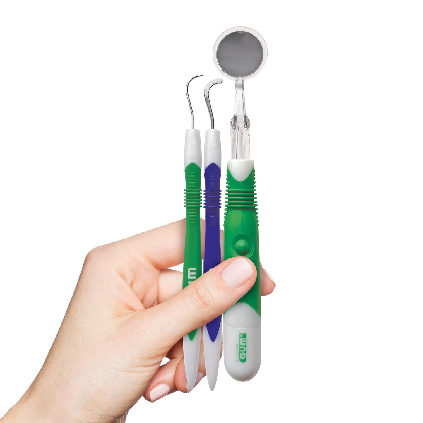 GUM Oral Care Dental Cleaning Kit, Dental Mirror with Light, Explorer Pick, and Dental Scaler, Professional Quality Stainless Steel Dental Tools, Easy-Grip Handle (6pk)