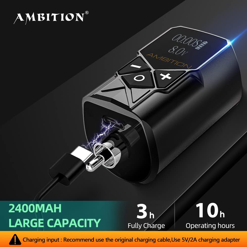 Tattoo Power Supply - Ambition Kuark Mini Wireless Portable RCA Tattoo 2400mAh Lithium Battery Pack with LED Digital Display for Rotary Tattoo Machine