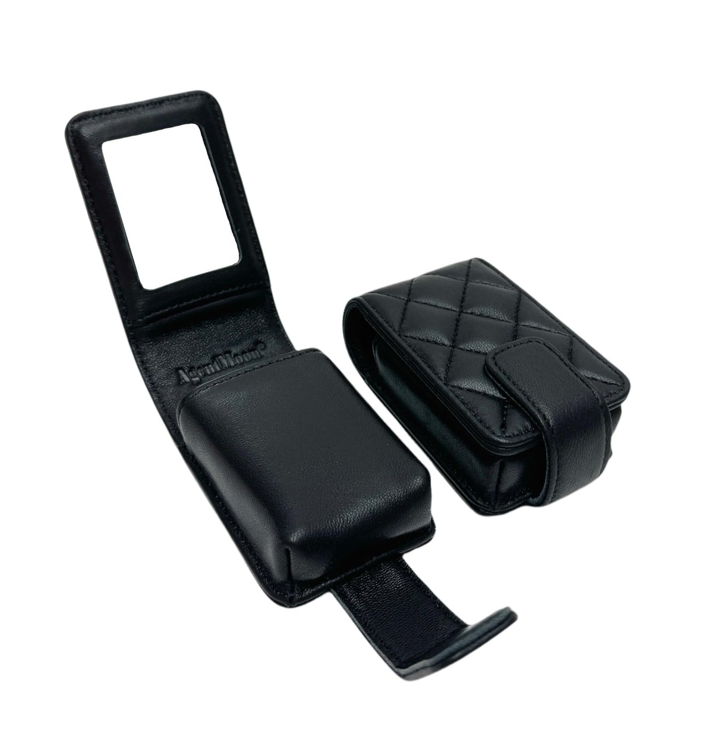 AgentMoon Portable Lipstick Pouch with a Mirror,Genuine Leather Magnetic Snap.Black Rhombus