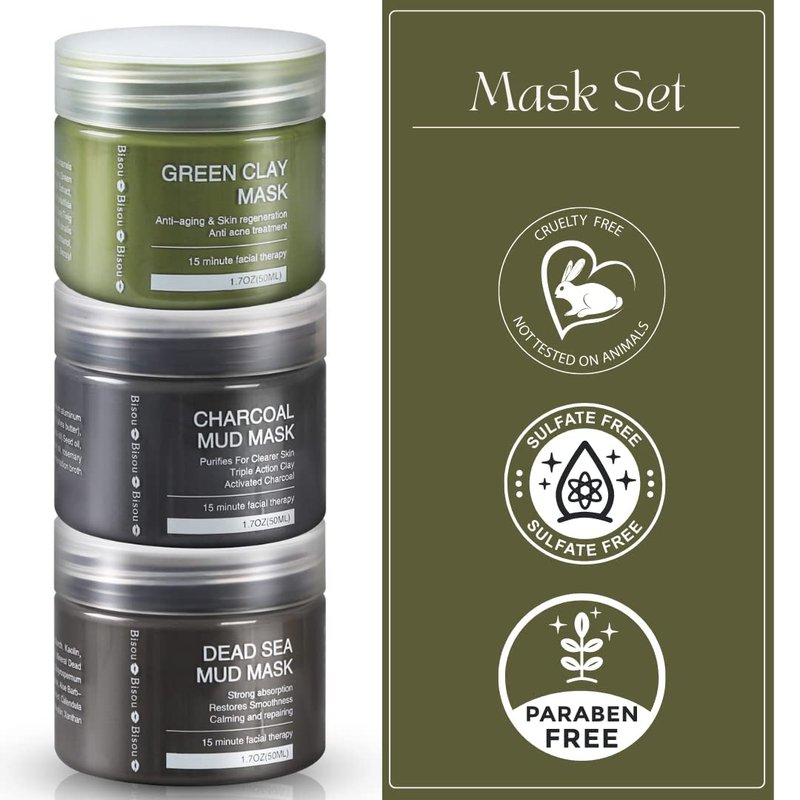 Bisou Bisou Bisou Clay, Dead Sea Mud & Charcoal Gel Face Mask Trio With Applicator, Deep cleansing Clay and Mask Applicator, Facial Therapy PH Balanced Hypo-allergenic