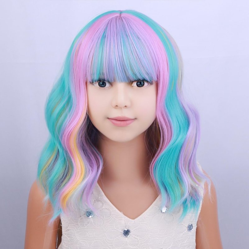 PATTNIUM Multicolor Wig for Kids Rainbow Child Wig with Bangs Wavy Colorful Wigs for Girls Shoulder Length Heat Resistant Synthetic Wigs
