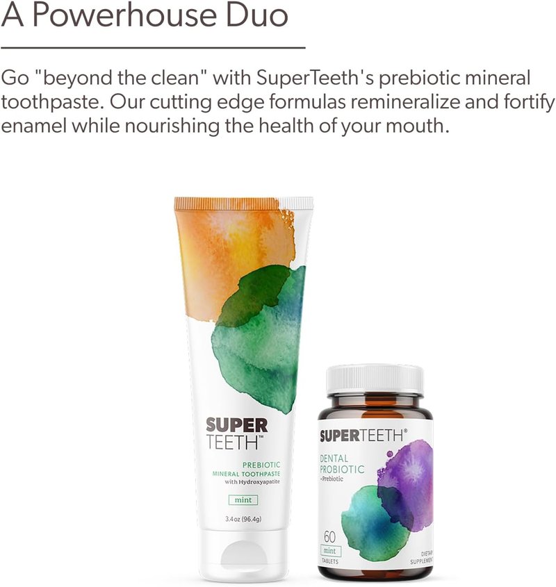 SuperTeeth Oral Probiotics - Chewable Dental Probiotic for Bad Breath & Cavities | 60 Mint Tablets for Kids & Adults