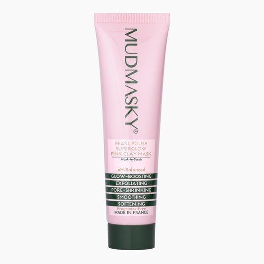 MUDMASKY Pearl Polish Superglow Pink Clay Mask 2.0 OZ - Mask-To-Scrub, MADE IN FRANCE, Made with A+ Grade AUSTRALIAN CLAY and bursting vitamin oil pearls