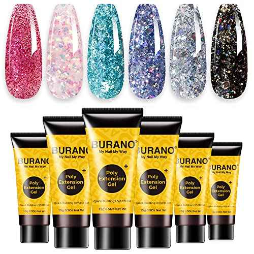 BURANO Poly Extension Gel Nail Kit, 6 Colors Nail Poly Nails Builder Gel Set for Beginner & Professional Using, DIY Starter Kit Nail Art Gift (glitter)