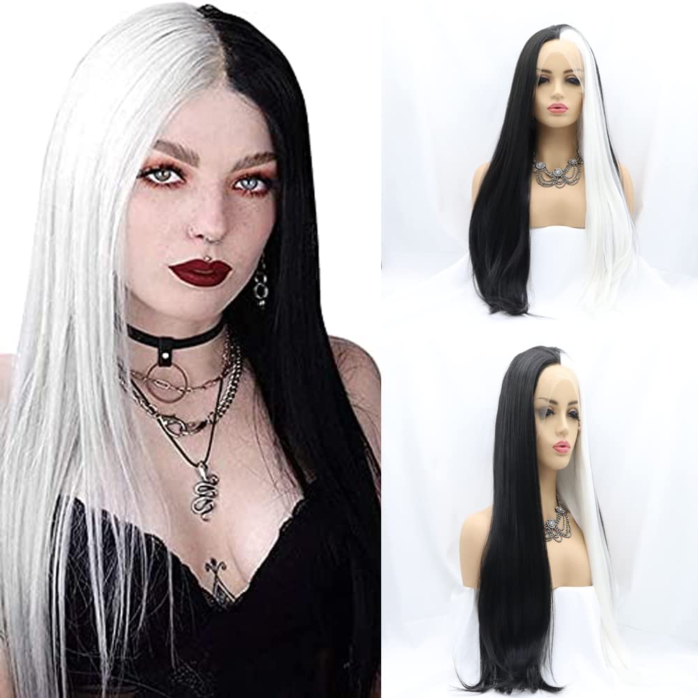 Sylvia 24inches Half Balck and Half White 2 Tones Side Parting Naural Glueless Hairstyle Heat Resistant Synthetic Lace Front wigs for Women