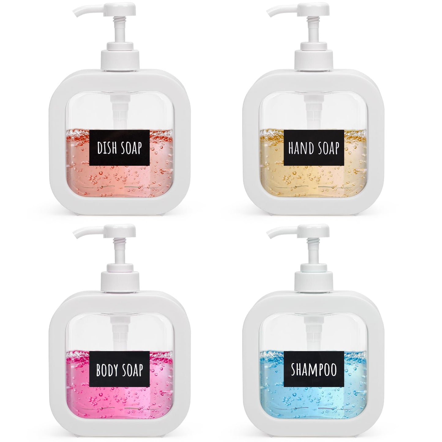 Segbeauty 16.9oz Refillable Bathroom Hand Soap Dispenser, Pack 4 Empty Kitchen Soap Dispenser Pump 500ml Liquid Soap Dispensers for Bathroom, White Plastic Handwash bottle for Kitchen Sink with Labels