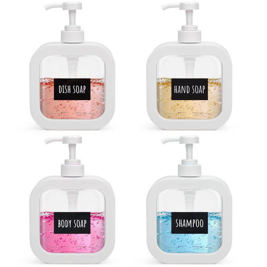 Segbeauty 16.9oz Refillable Bathroom Hand Soap Dispenser, Pack 4 Empty Kitchen Soap Dispenser Pump 500ml Liquid Soap Dispensers for Bathroom, White Plastic Handwash bottle for Kitchen Sink with Labels