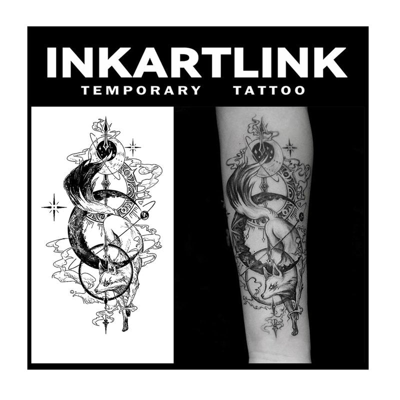 INKARTLINK Tattoo Tech, 2 Sheets Extra-Large Semi Permanent Tattoo, Adult Art Design Temporary Tattoos, Lasts 1-2 Weeks, Waterproof, Realistic Look, No Adhesive, No Reflection (Fox God Design)