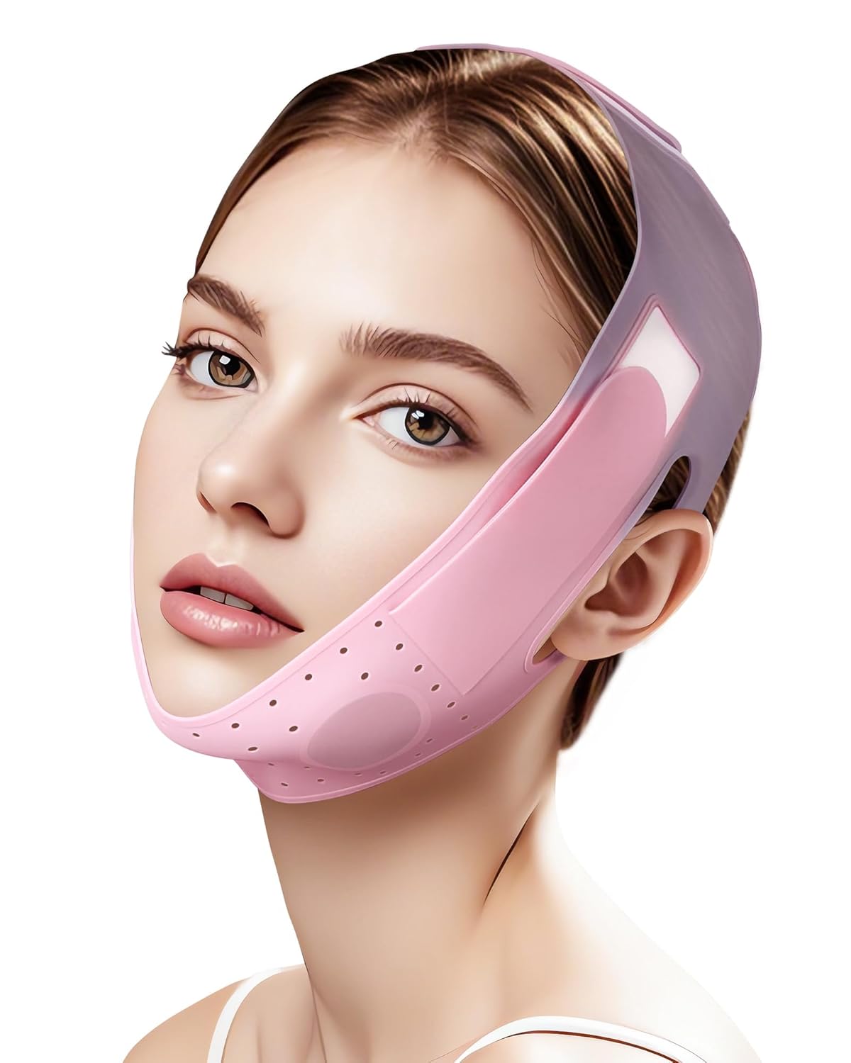 V-Line Sculpting Face Mask - Silicone Jawline Tightening Strap for Double Chin Reduction | Adjustable 23-27 Inches, Pink