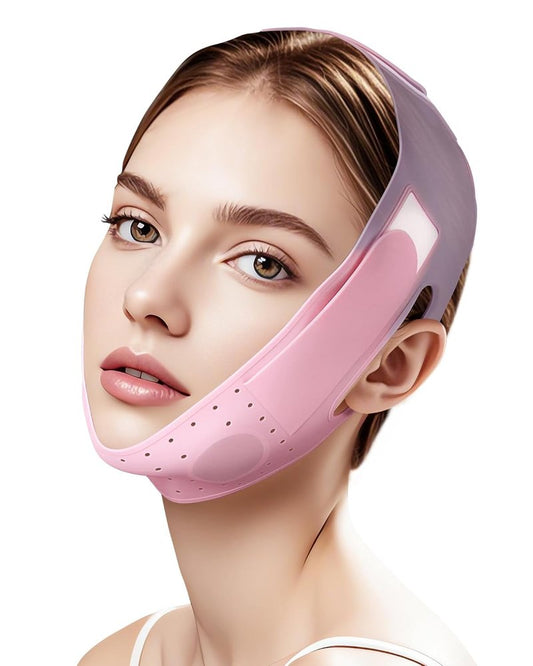 V-Line Sculpting Face Mask - Silicone Jawline Tightening Strap for Double Chin Reduction | Adjustable 23-27 Inches, Pink