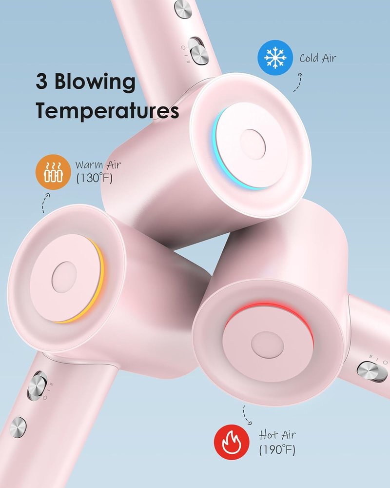 Negative Ion Hair Dryer - High-Speed 110,000 RPM Brushless Motor, 3 Heat Settings | 360° Rotating Nozzle (Pink)