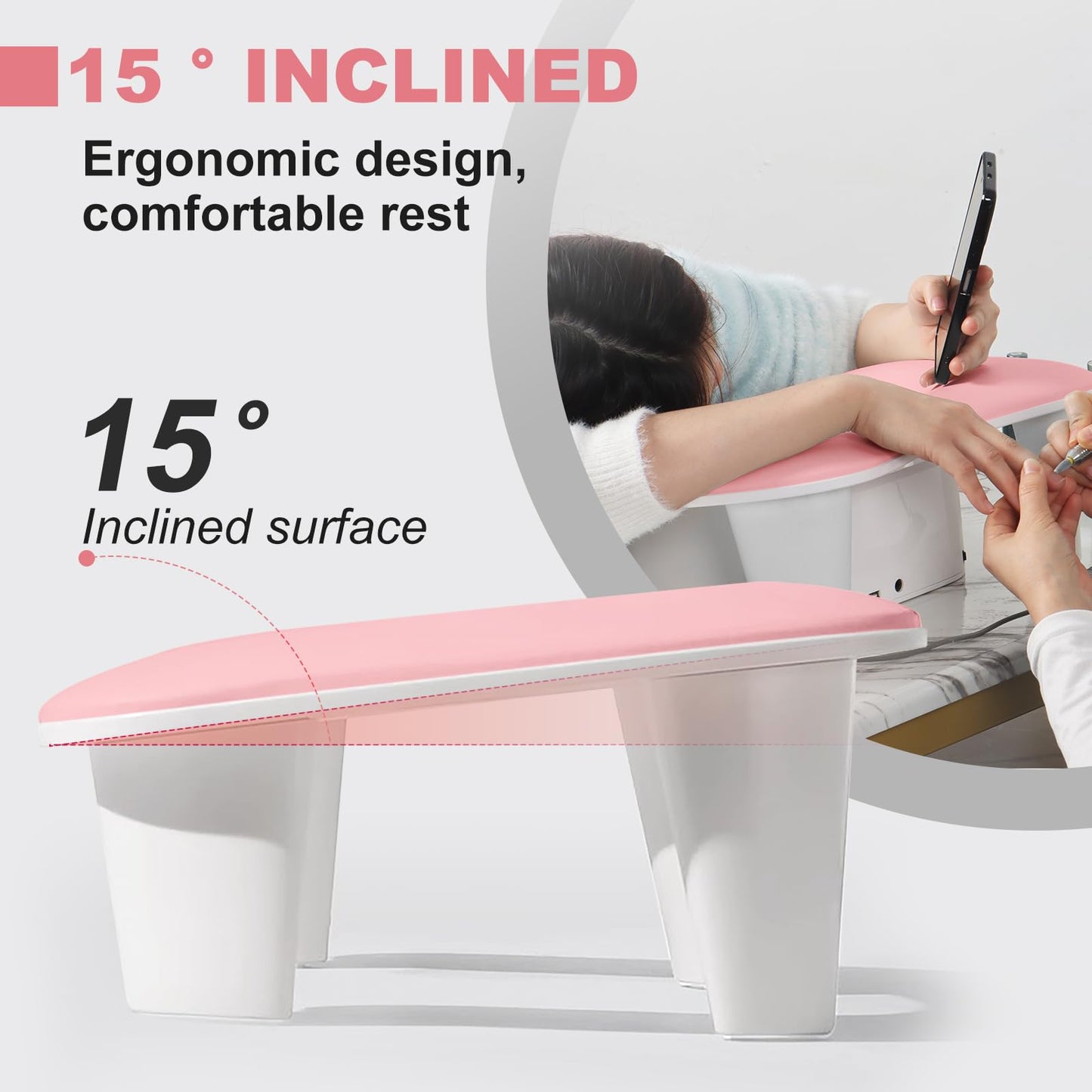 Nail Arm Rest for Nail Tech, U-shaped Manicure Hand Rest Stand, Luxurious Big Microfiber PU Leather Armrest for Clients-Pink