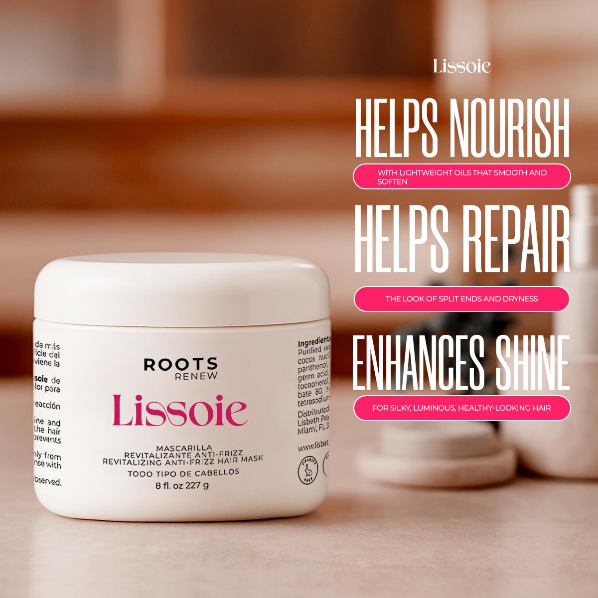 Lissoie Revitalizing Anti-Frizz Hair Mask 8 fl oz | Deep Conditioner for Dry Damaged Color-Treated Hair | Collagen, Keratin & Coconut Oil | UV Shield | Sulfate-Free, Paraben-Free, Cruelty-Free