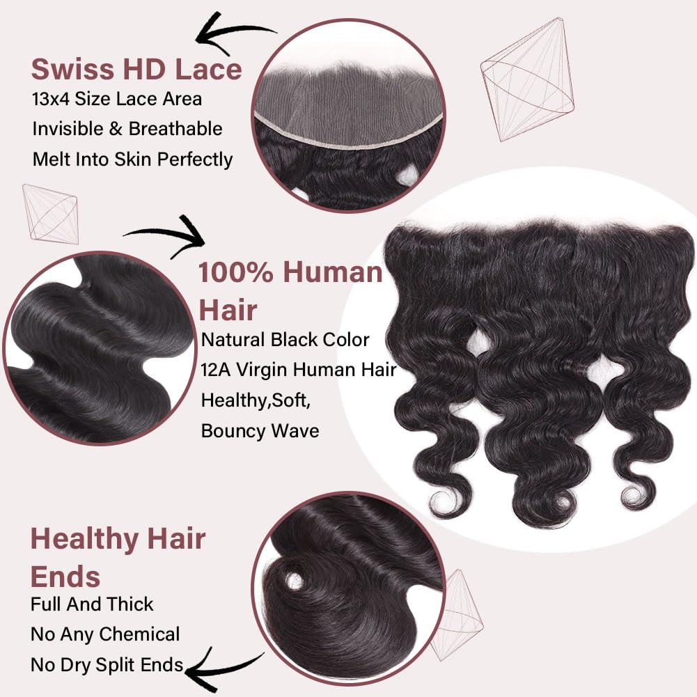 Omswet 13x4 HD Lace Frontal Human Hair Body Wave SKINLIKE 0.1mm Ultra-Thin HD Lace Frontal Pre Plucked Natural Hairline Small Knots 12A Braizilian Virgin Hair 14 Inch Body Wave Human Hair