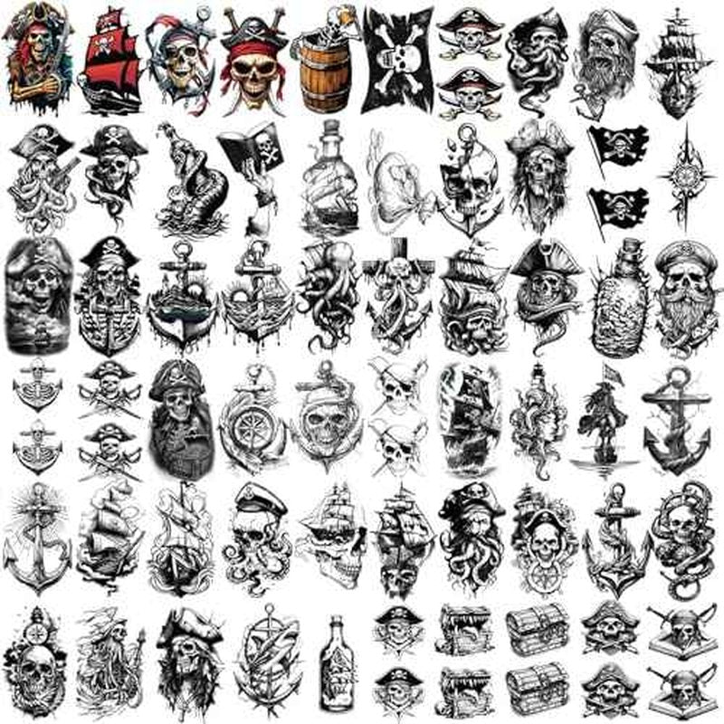 77 Sheets Temporary Tattoo, 17 Sheets Half Arm Pirate Captain Skull Compass Fake Tattoos for Women Men, 60 Sheets Pirate Anchor Sword Flag Realistic Tiny for Adult Kids Body Tattoos Stickers