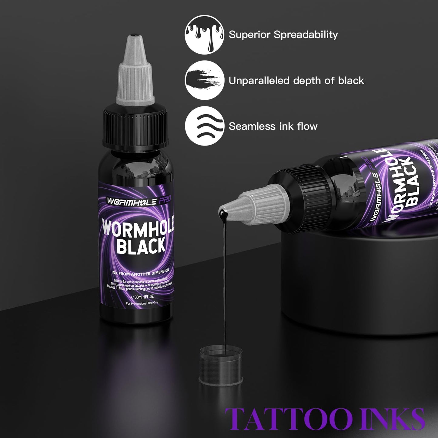 WORMHOLEPRO Black Tattoo Ink Premium Long Lasting Vivid Color Tattoo Ink Vegan Friendly Tattoo Pigment Tattoo Supplies (8 oz Bottle)