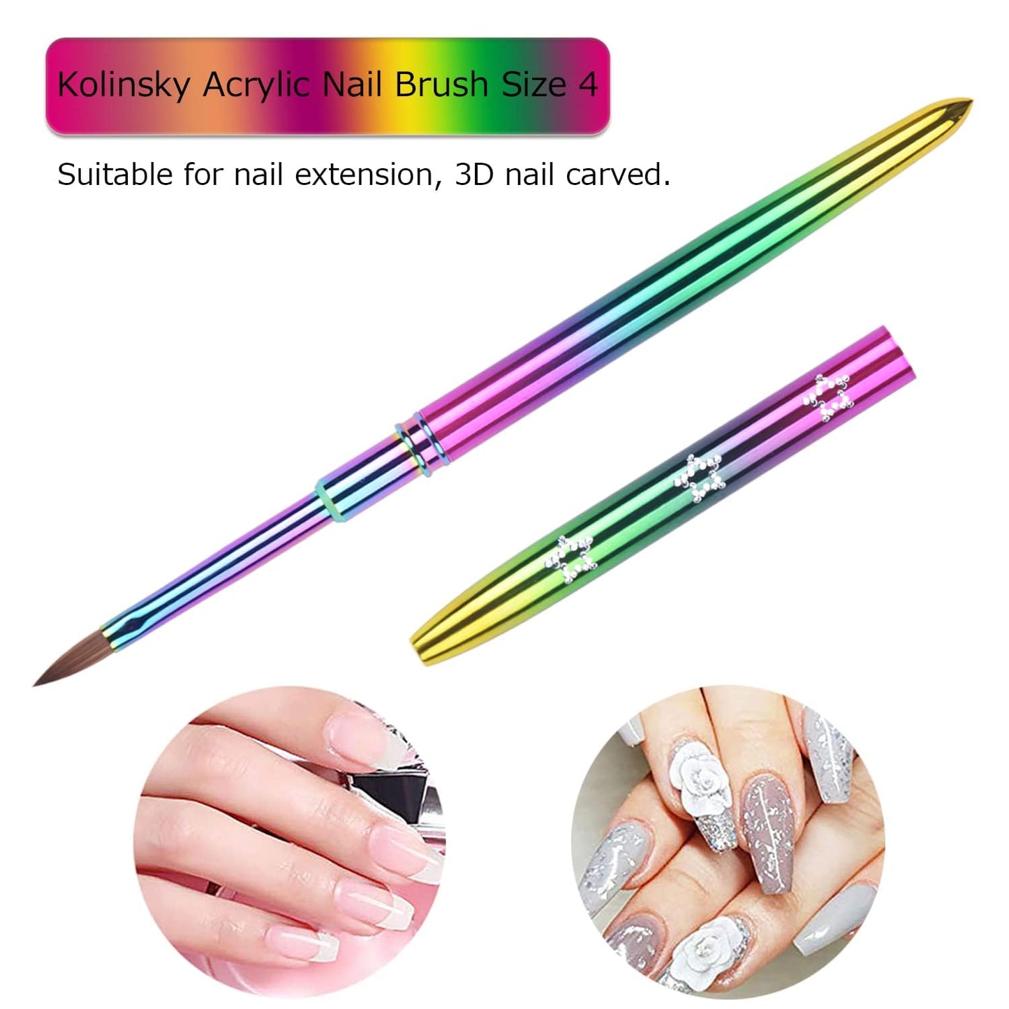 Ycyan 2Pcs Kolinsky Acrylic Nail Brush Set Rainbow Handle 3D Nail Art Brushes Size 2 & 4