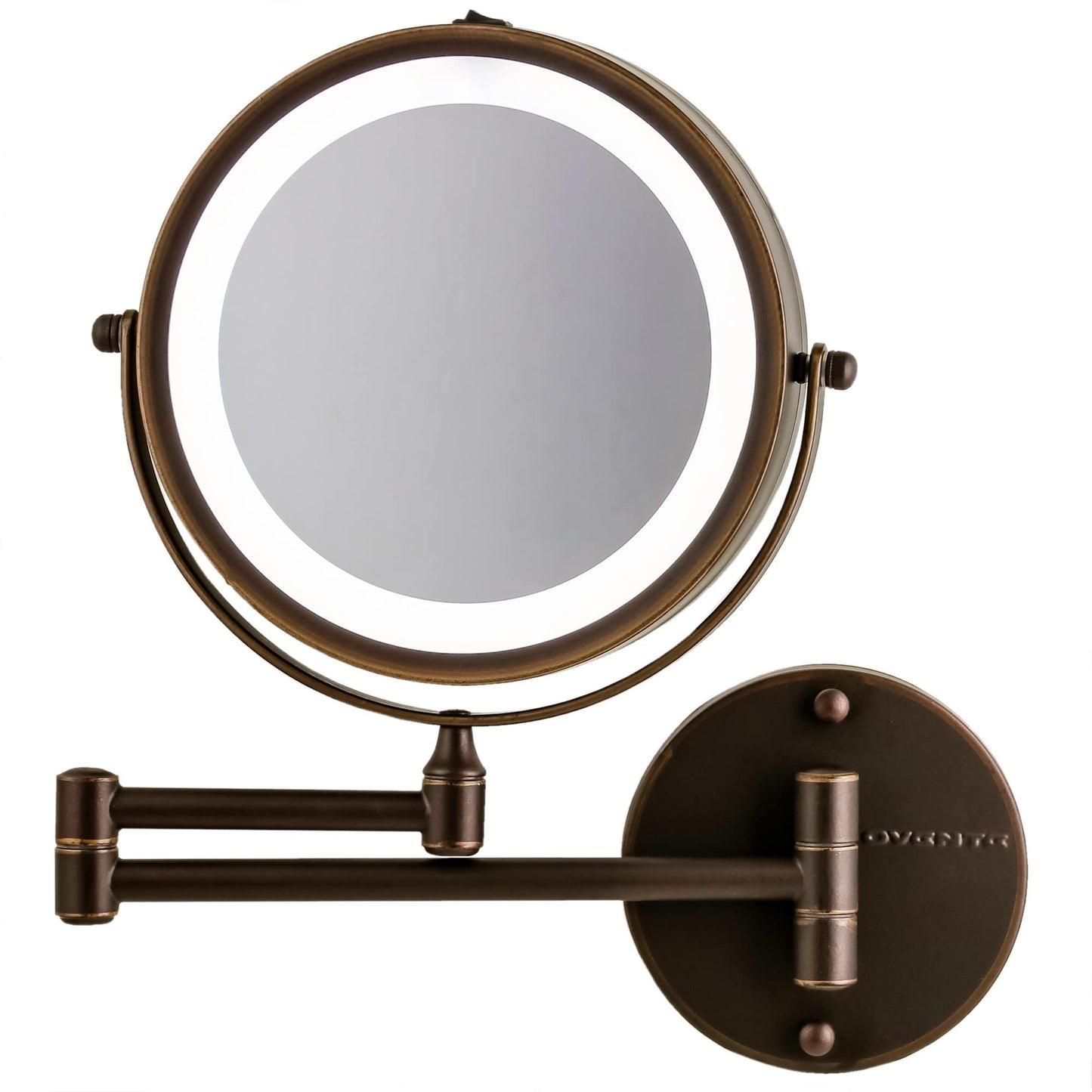 OVENTE Wall Mounted Lighted Makeup Mirror, 7" Double Sided 1X/7X Magnifying Vanity Mirror for Bathroom with LED Lights, Cordless, 360° Rotation and 13" Extendable Arm, Antique Bronze MFW70ABZ1X7X