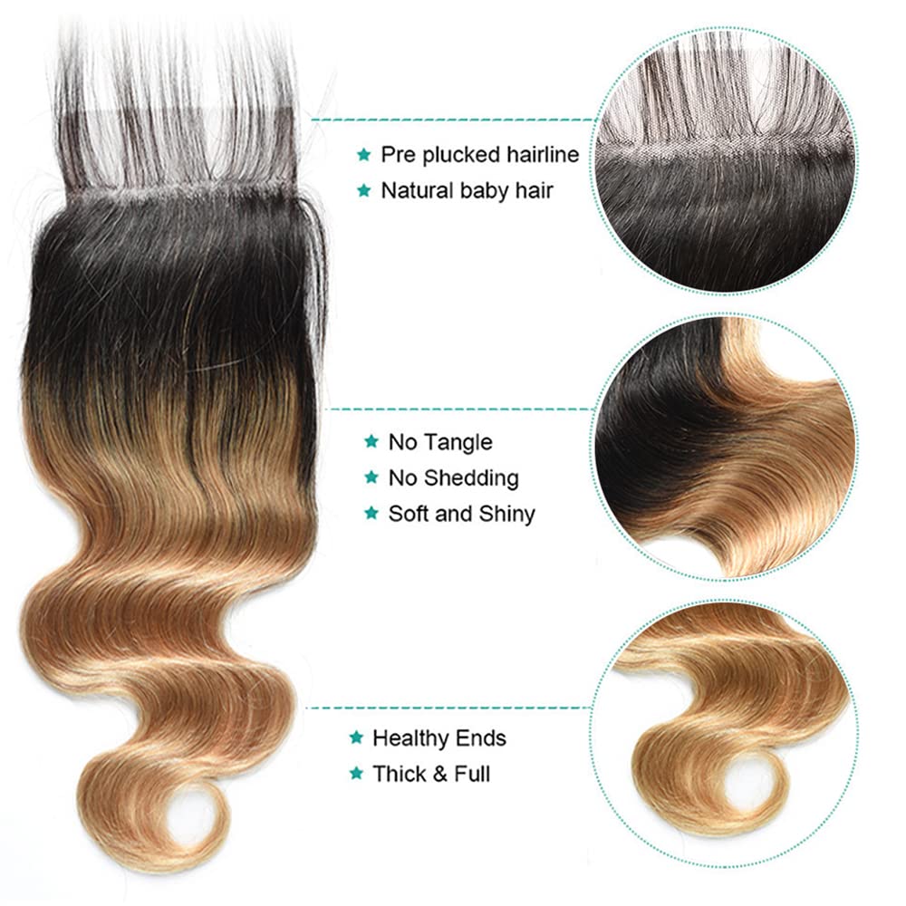 Ombre Lace Closure 4X4 Transparent Lace 14 Inch Free Part With Baby Hair Body Wave Closure For Women Pre Plucked Natural Hairline Peruvian Virgin Hair Real Human Hair Next Day Delivery 1B/27 Closure