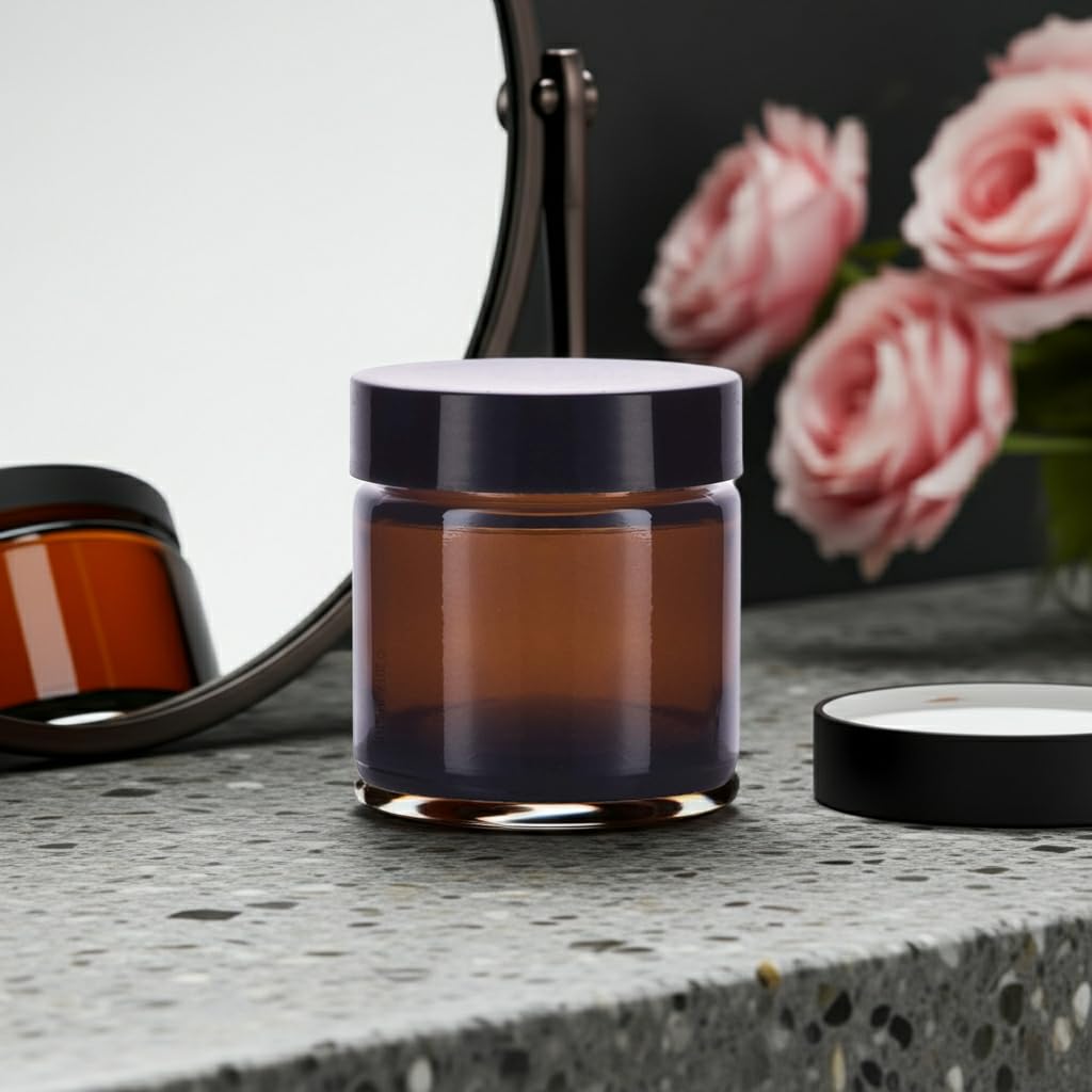 (12 Pack) Amber Glass Jar with Black Lined Lids 1 oz / 30 ml