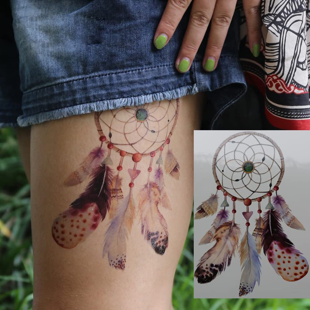 Oottati 6 Sheets Arm Large Temporary Tattoos - Colorful Dream Catcher Dreamcatcher Feather Dragon Bird World Peace