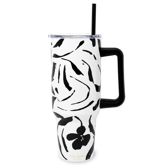 kate spade new york 40 Ounce Tumbler with Handle and Straw, Double Wall Stainless Steel Insulated Cup, Cupholder Friendly 40 oz Cup, Metal Drinking Cup for Hot or Cold Drinks (Painters Garden)