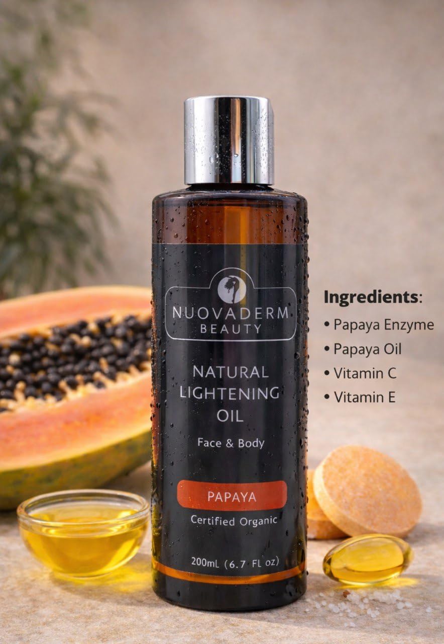 NUOVADERM Natural Brightening Oil with Papaya, Vitamin C & Vitamin E | Even Tone, Radiant Glow & Deep Moisture | Face & Body Oil for All Skin Types