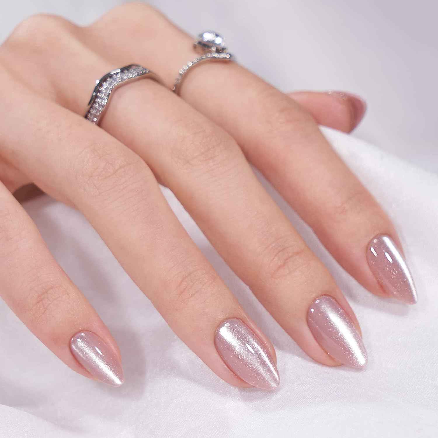 Press On Nails Almond - Reusable Soft Gel Fake Nails with Glue, Cat Eye & Knightshield Design