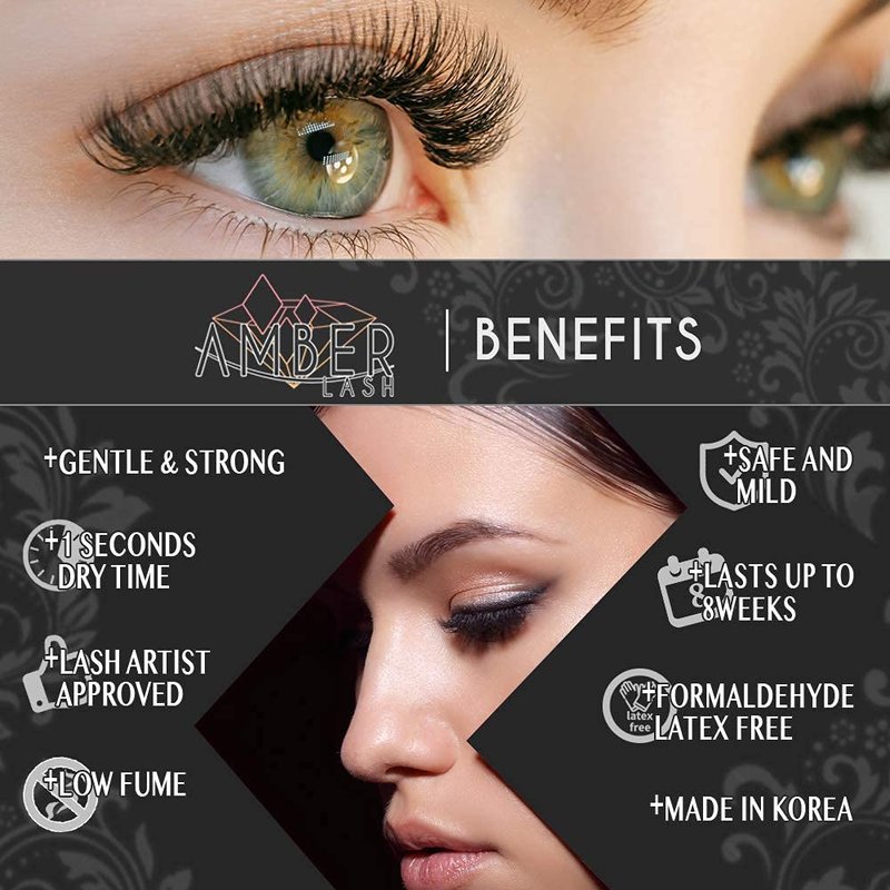 Amber Lash, S Glue 10ml for Professional Eyelash Extension, 1-Second Dry time, Up to 8 Weeks Bonding, Strong Strength, Carbon Black Adhesive for Salon Use, Latex Free and Formaldehyde Free