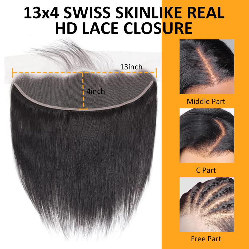 QTHAIR 18A Grade Straight Human Hair HD Lace Frontal 100% Unprocessed Straight Human Hair Frontal Natural Color 16" 13x4 Frontal Pre Plucked Natural Hairline