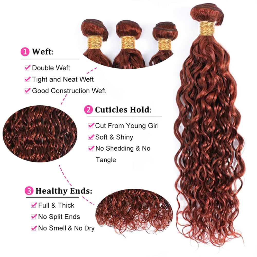 Reddish Brown Bundles Human Hair Water Wave Bundles #33 Copper Red 3 Bundles 12 14 16 Inch Brazilian Remy Auburn Brown Human Hair Extensions 300g Total Double Weft for Women