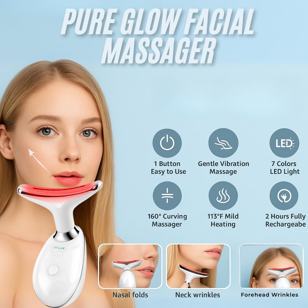 Face and Neck Massager with 7 Colors LED Light Therapy, Multi-Functional, Skincare Tool for Wrinkles & Relaxation,Facial Massager