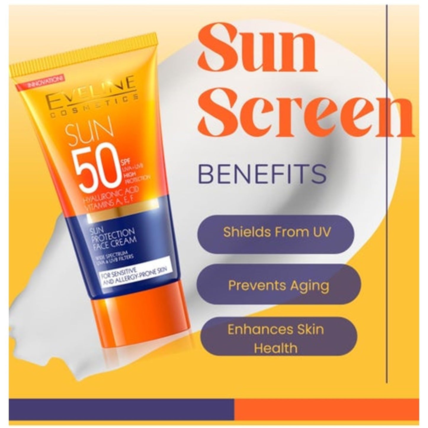 Eveline Cosmetics Sun Protection Face Cream SPF 50 UVA+UVB High Protection for Sensitive and Allergy-Prone Skin 1.76 Fl Oz (50 ml)