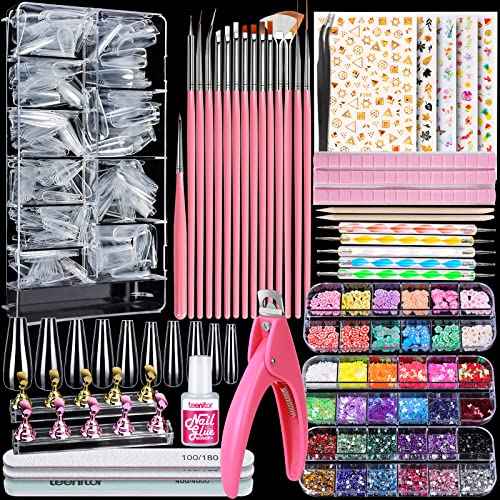 Teenitor Acrylic Fake Nails Kit, Press On Nail Supplies with Clear Coffin Nail Tips Nail Stand Nail Art Brushes Dotting Pen Glitter Sequins Sticker Rhinestones Nail Decorations Press On Nails Kit