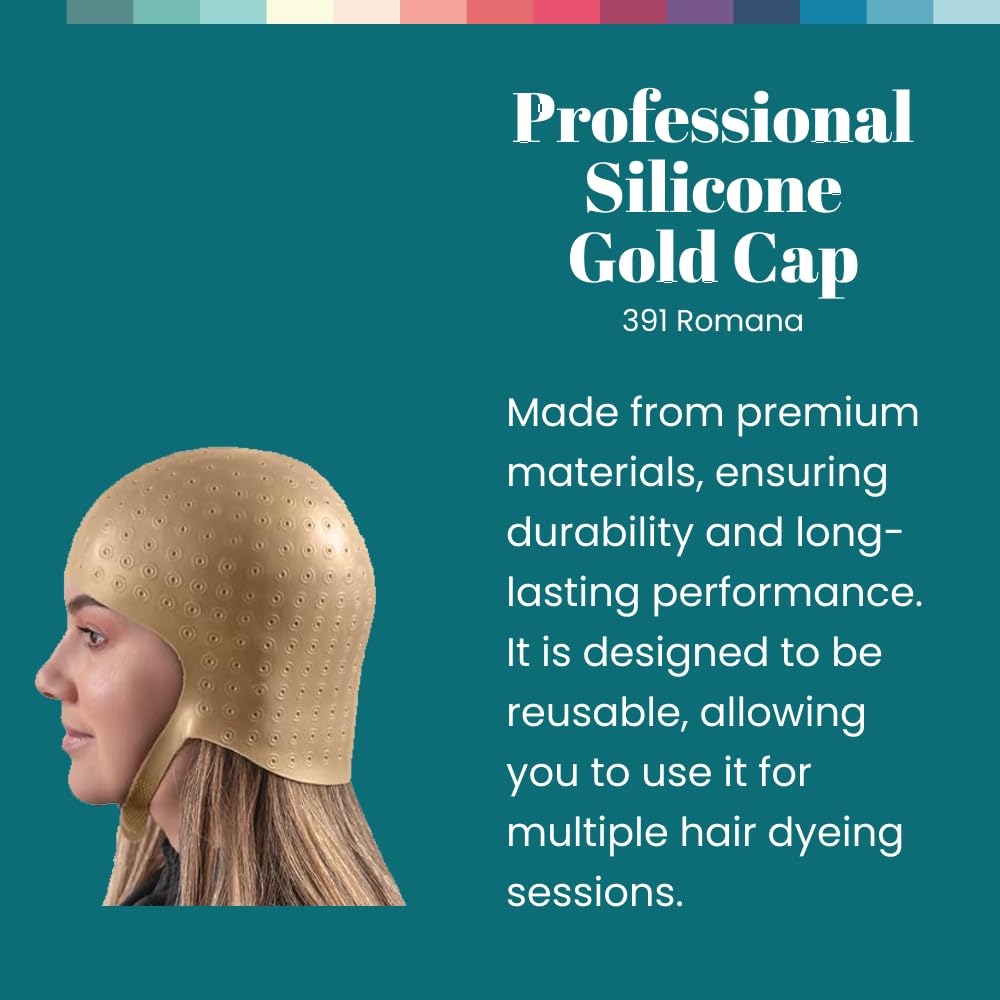 DOMPEL Silicone Highlight Hair Cap | Reusable Professional Silicone Cap | Special for Hair Dyeing Model Romana (GOLD)