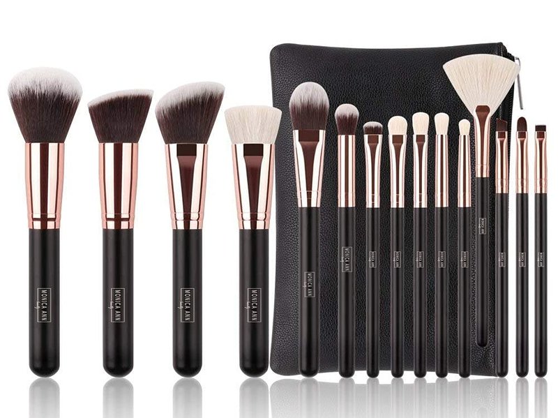 15-Piece Rose Gold Makeup Brush Set - Natural Hair Brushes with Premium Travel Bag