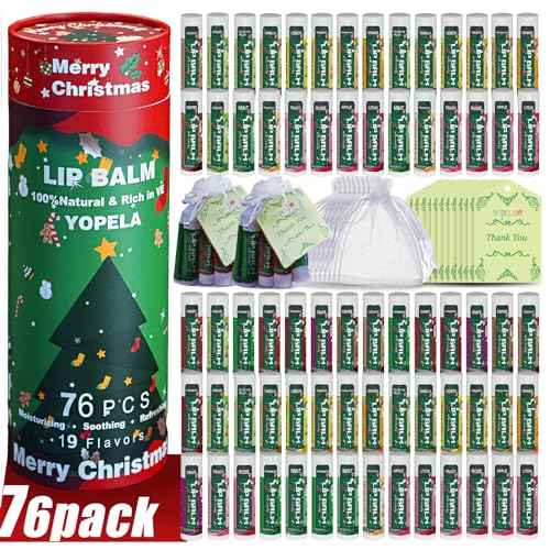 Yopela 76 Pack Christmas Natural Lip Balm Bulk with Vitamin E and Coconut Oil Lip Care Set - Moisturizing, Soothing, and Repairing Dry and Chapped Lips - 19 Flavors - Non-GMO