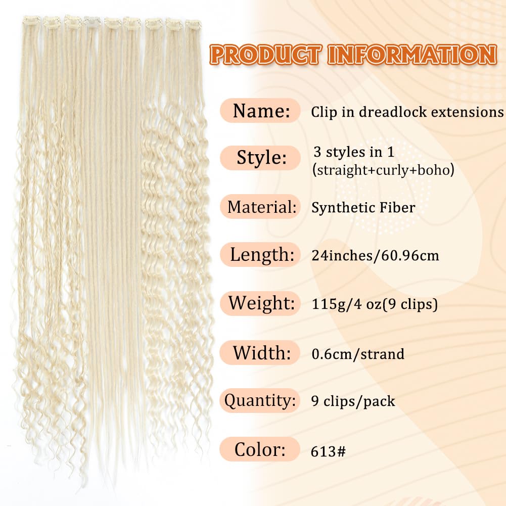 Aguacor 24inches 9PCS Clip in Dreadlock Extension Sets,36 Strands 3 Styles in 1 Mixed Straight Wavy Boho Thin Soft Clip in Dreads Extension Sets for Women (1B#,9 Clips)