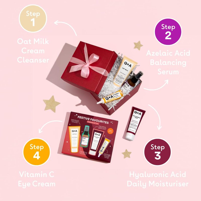 Q+A Festive Favourites Gift Set, containing a Hyaluronic Acid Moisturiser (75ml), an Oat Milk Cream Cleanser (75ml), an Azelaic Acid Serum (30ml), and a Caffeine Eye Serum (15ml)