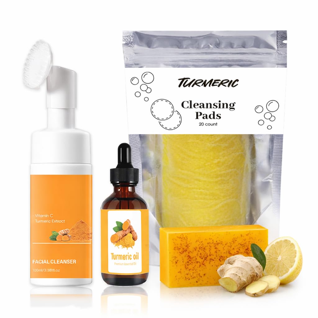 Turmeric Wash and Care 4-Piece Set – Facial Cleanser with Brush, Soap Bars , Soft Face Cleansing Pads and Turmeric Oil – Turmeric Face Wash Kit, Turmeric Skincare Set