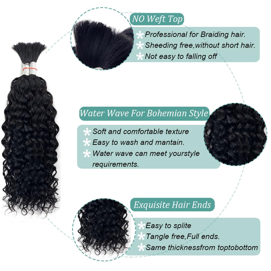 Human Braiding Hair for Boho Braids Human Hair Braiding No Weft Wet and Wavy Human Hair Braiding Hair Extensions For Boho Braids 2 Bundles 100g（20inch,#1B Black Water Wave)
