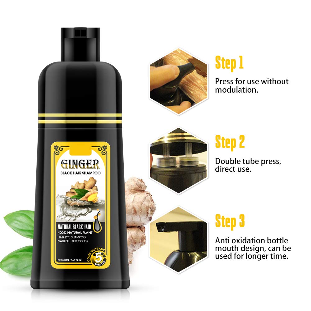 Ginger Black Semi-Permanent Hair Dye Shampoo, Instant 30-Day Color Matter, Completes in 5 Minutes - 500ml (Ginger Fragrance)