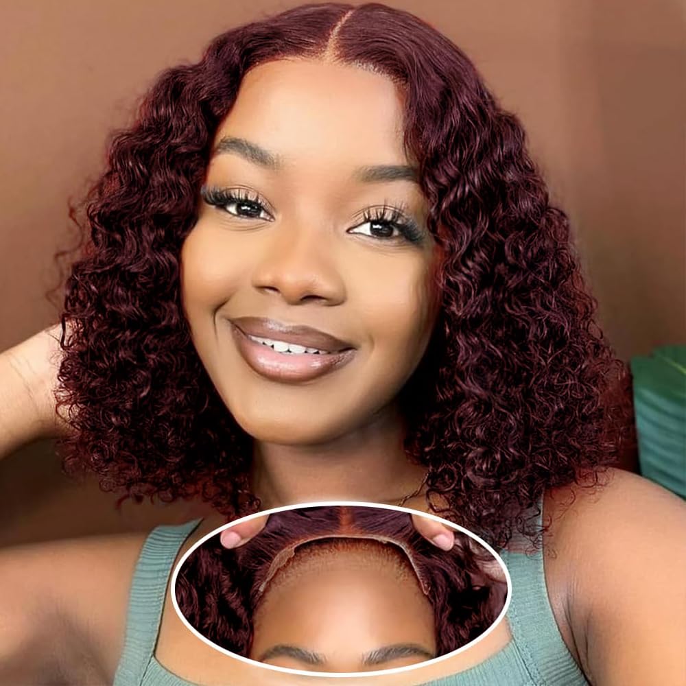 Pinketer Burgundy Glueless Wigs Human Hair Pre Plucked Pre Cut 4x4 Lace Closure Wear and Go Deep Wave Bob Wig 180% Density 99J Curly Human Hair Wigs for Black Women (Burgundy Wig, 10in)