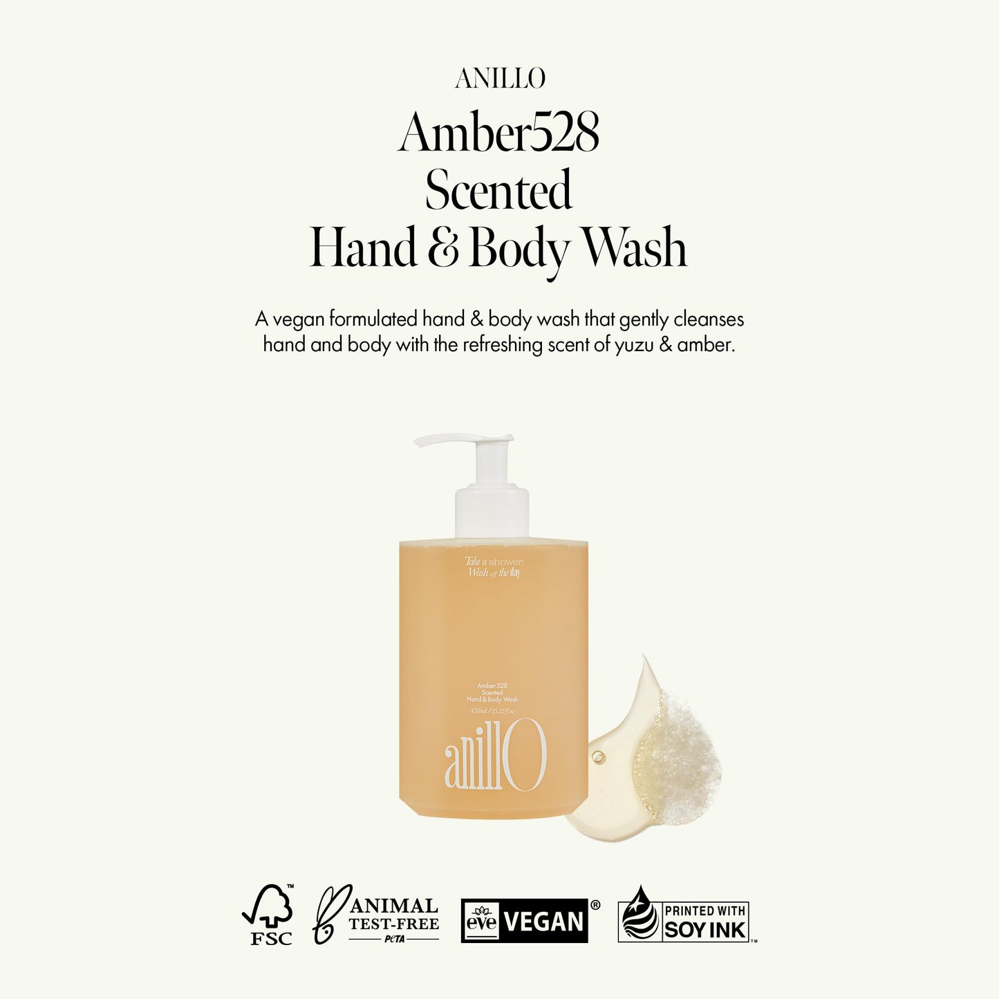 ANILLO Amber528 Body Wash – Vegan, Sulfate-Free Cleanser with Yuzu & Amber, Hydrating & Soothing, pH-Balanced, Gentle for All Skin Types, Subtle Scent, 15.22 fl. oz