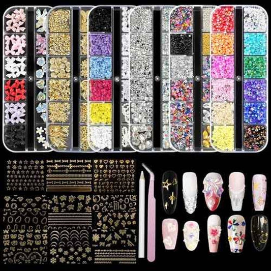 6 Boxes Nails Charms, 15 Sheets Gold Stickers, Shiny Colorful Nail Art Rhinestones Kit, 3D Nail Gems, Decals, Stickers and Pearls, Dotting Tools, DIY Accessories, Nails Decoration