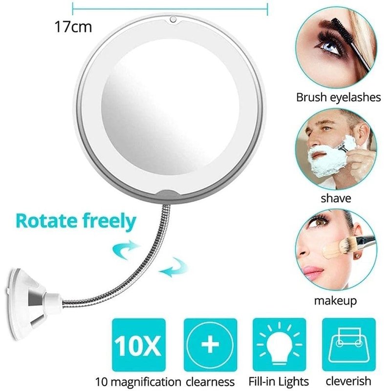 SASKATE Makeup Mirror with LED Light and Suction Cup 360 Degree Swivel Flexible Gooseneck 10X Magnifying Mirror Travel and Home Bathroom Vanity Mirror (White)