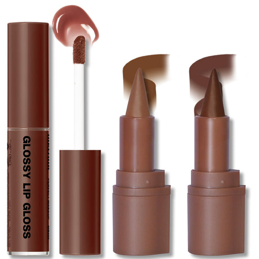 HOSAILY 2 Colors Lip Liner with Lip Gloss Set, Moisturizing Light Brown Lip Pencil Dark Brown Lip Liner and Lip Gloss Combo, Long Lasting Glossy Lip Stain Lipstick Lip Care Makeup
