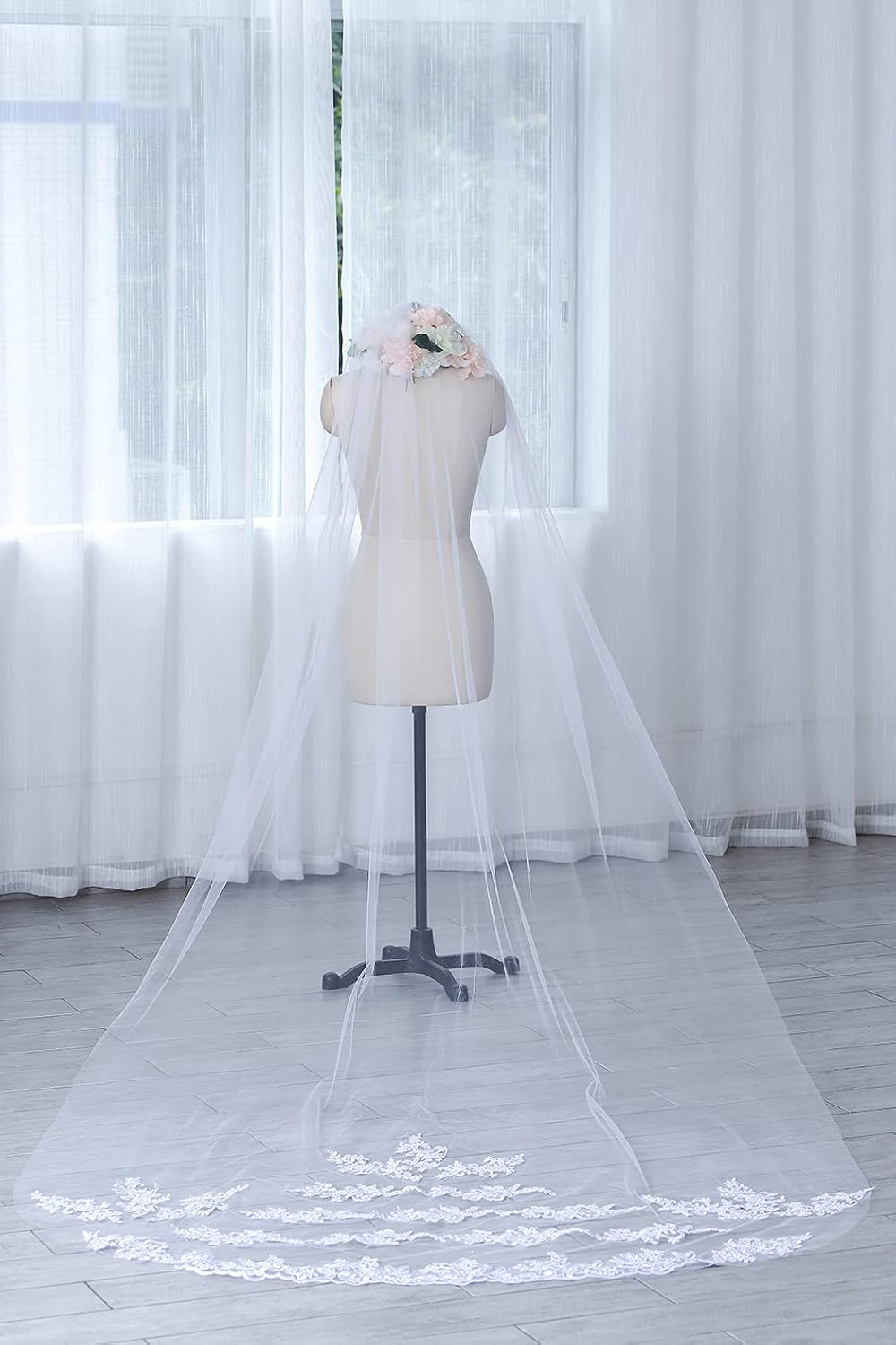 Cathedral Wedding Veil - Long Bridal Lace Tulle Hair Accessory with Comb | Floral 118-Inch Headpiece