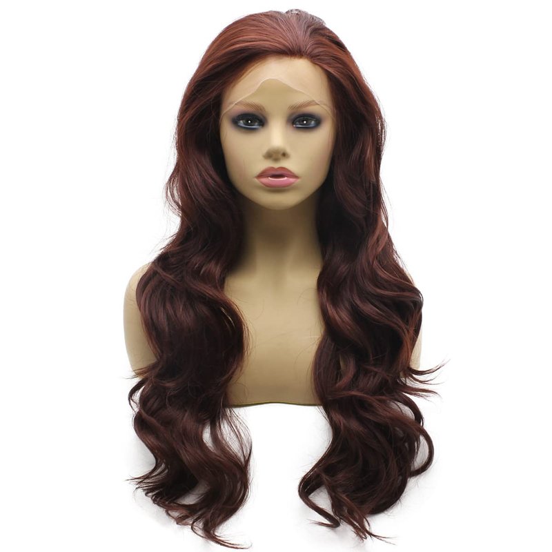 Peakia Long Wavy Dark Red Natural Half Hand Tied Synthetic Lace Front Wig